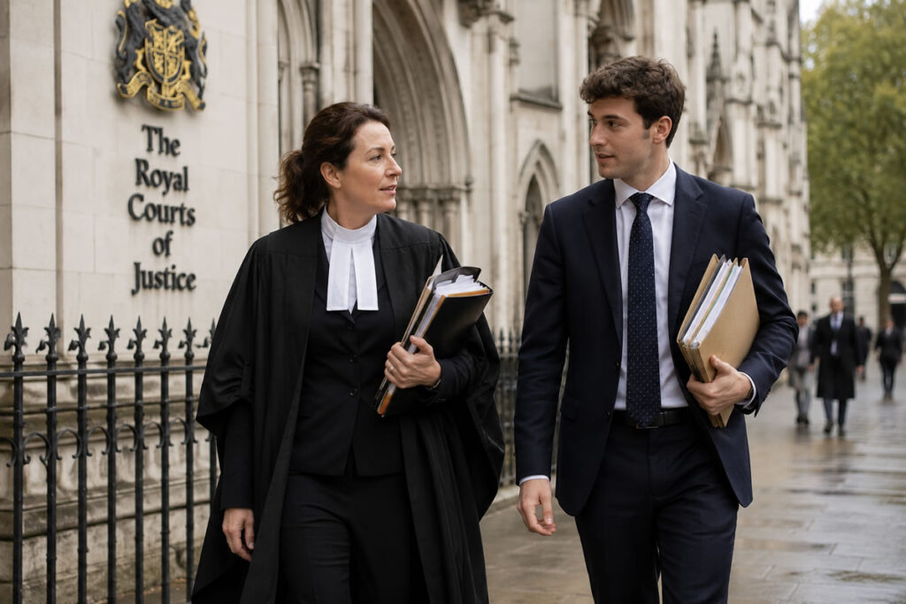 Young barrister's clerk carrying legal files alongside a female barrister on the way to a UK court hearing.