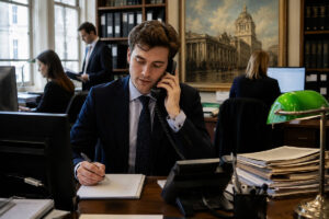 Smartly dressed young barrister's clerk working at his desk in a busy UK barristers' chambers office.