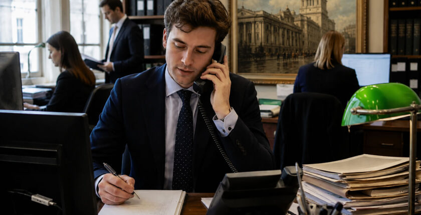 Smartly dressed young barrister's clerk working at his desk in a busy UK barristers' chambers office.