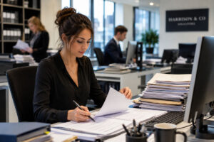 Young female paralegal working on legal documents in a busy solicitors’ office