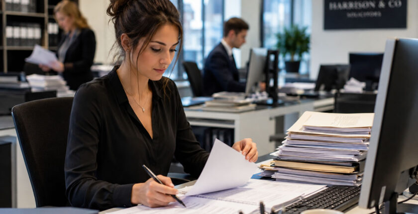 Young female paralegal working on legal documents in a busy solicitors’ office