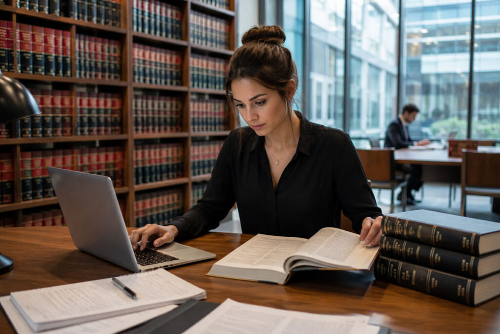 Young paralegal carrying out legal research in a modern law library using legal textbooks and a laptop
