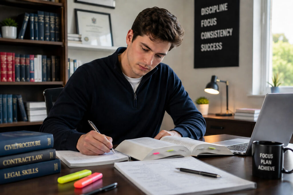 Young male paralegal studying legal textbooks and preparing for professional qualifications