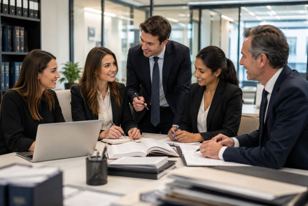 Team of paralegals and senior lawyers discussing legal work in a modern law office