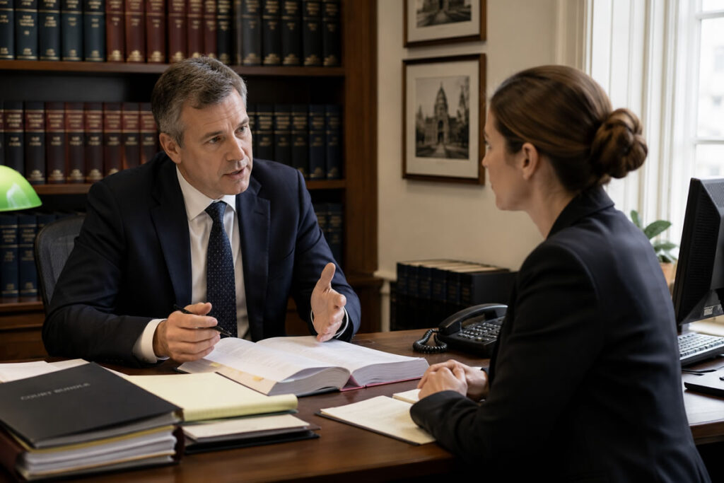 Senior barrister's clerk discussing a legal case with a solicitor inside busy UK barristers' chambers.