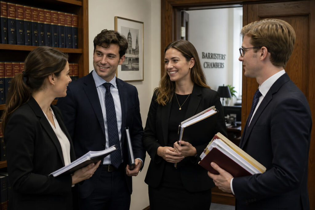 Group of young male and female barristers' clerks discussing legal files inside busy UK barristers' chambers.