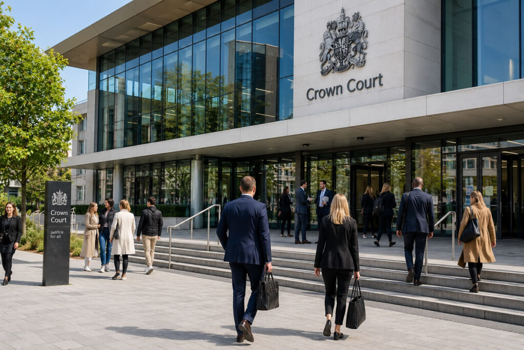 Modern UK Crown Court building with legal professionals and members of the public outside, illustrating that Chartered Legal Executives work in offices and attend court as part of their role.