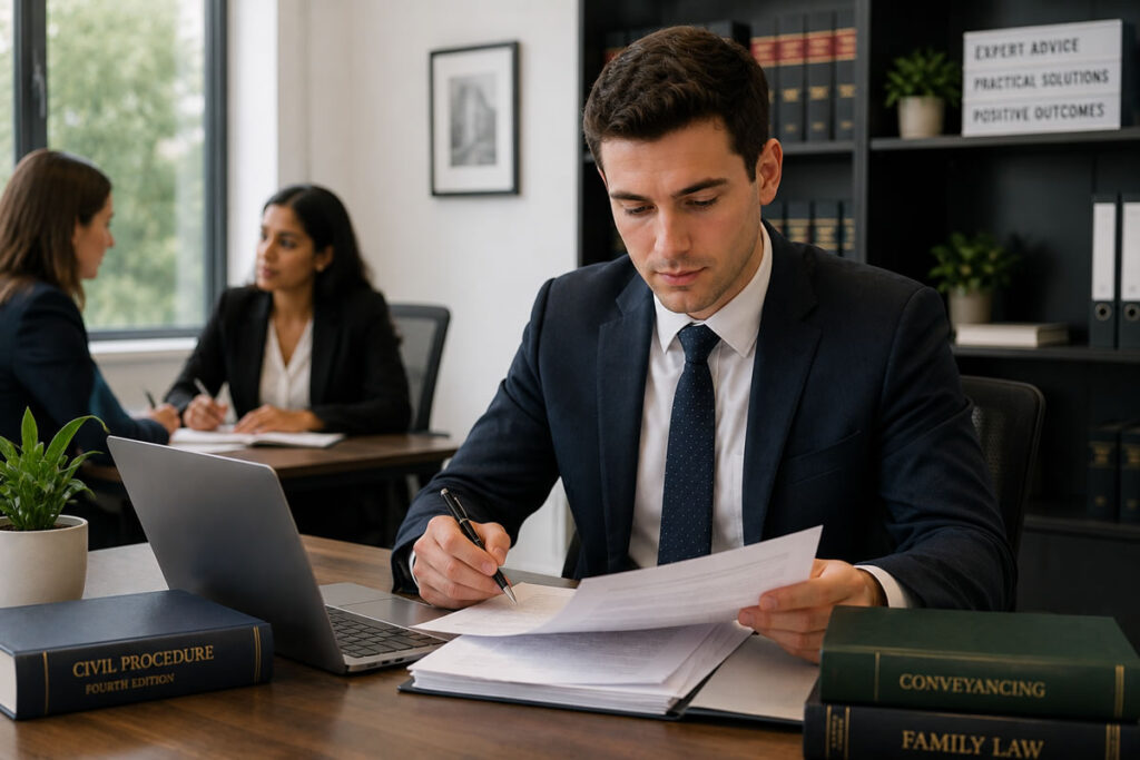 Young Chartered Legal Executive reviewing legal documents in a modern UK law office while colleagues discuss client matters in the background.