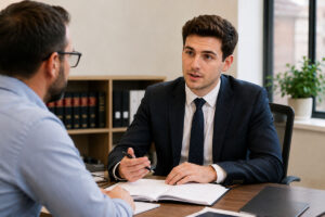 Young Chartered Legal Executive meeting with a client in a modern UK law office while discussing a legal case and reviewing documents.