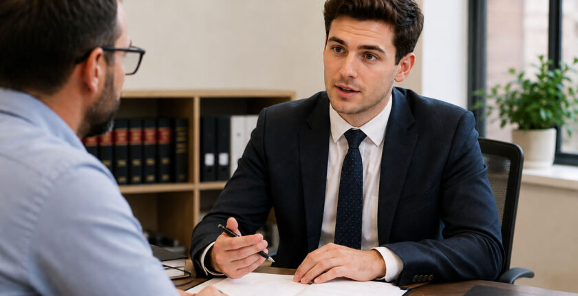 Young Chartered Legal Executive meeting with a client in a modern UK law office while discussing a legal case and reviewing documents.