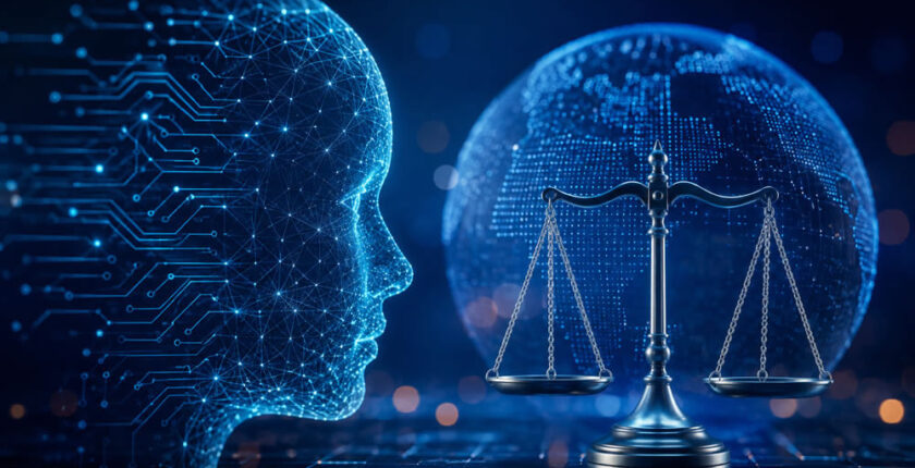 Digital illustration representing AI governance legal roles, featuring an artificial intelligence profile, scales of justice and a global technology network to symbolise AI regulation, compliance and technology law in the UK.