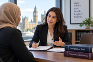 Immigration lawyer advising a client during a consultation in a London law office