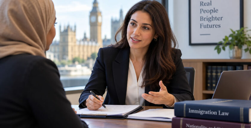 Immigration lawyer advising a client during a consultation in a London law office