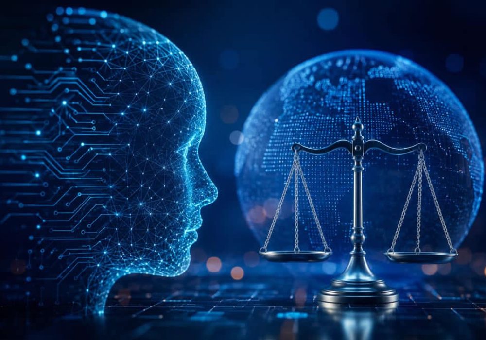 Digital illustration representing AI governance legal roles, featuring an artificial intelligence profile, scales of justice and a global technology network to symbolise AI regulation, compliance and technology law in the UK.